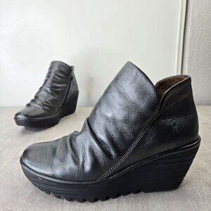 Fly London YIP Wedge Booties Gray Metallic Leather Comfort Platform Ankle Boots